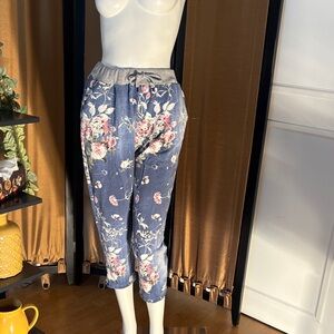 Blue Floral Drawstring Crop Pants